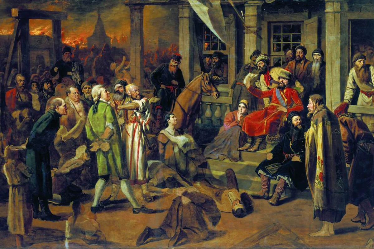В. Перов. «Суд Пугачева», 1875 год. Источник: <a data-sk="tooltip_parent" data-stringify-link="https://commons.wikimedia.org/wiki/File:%D0%9F%D0%B5%D1%80%D0%BE%D0%B2_%D0%A1%D1%83%D0%B4_%D0%9F%D1%83%D0%B3%D0%B0%D1%87%D0%B5%D0%B2%D0%B0_(%D0%93%D0%98%D0%9C).jpg" href="https://commons.wikimedia.org/wiki/File:%D0%9F%D0%B5%D1%80%D0%BE%D0%B2_%D0%A1%D1%83%D0%B4_%D0%9F%D1%83%D0%B3%D0%B0%D1%87%D0%B5%D0%B2%D0%B0_(%D0%93%D0%98%D0%9C).jpg" rel="noopener noreferrer" target="_blank">Wikimedia</a>