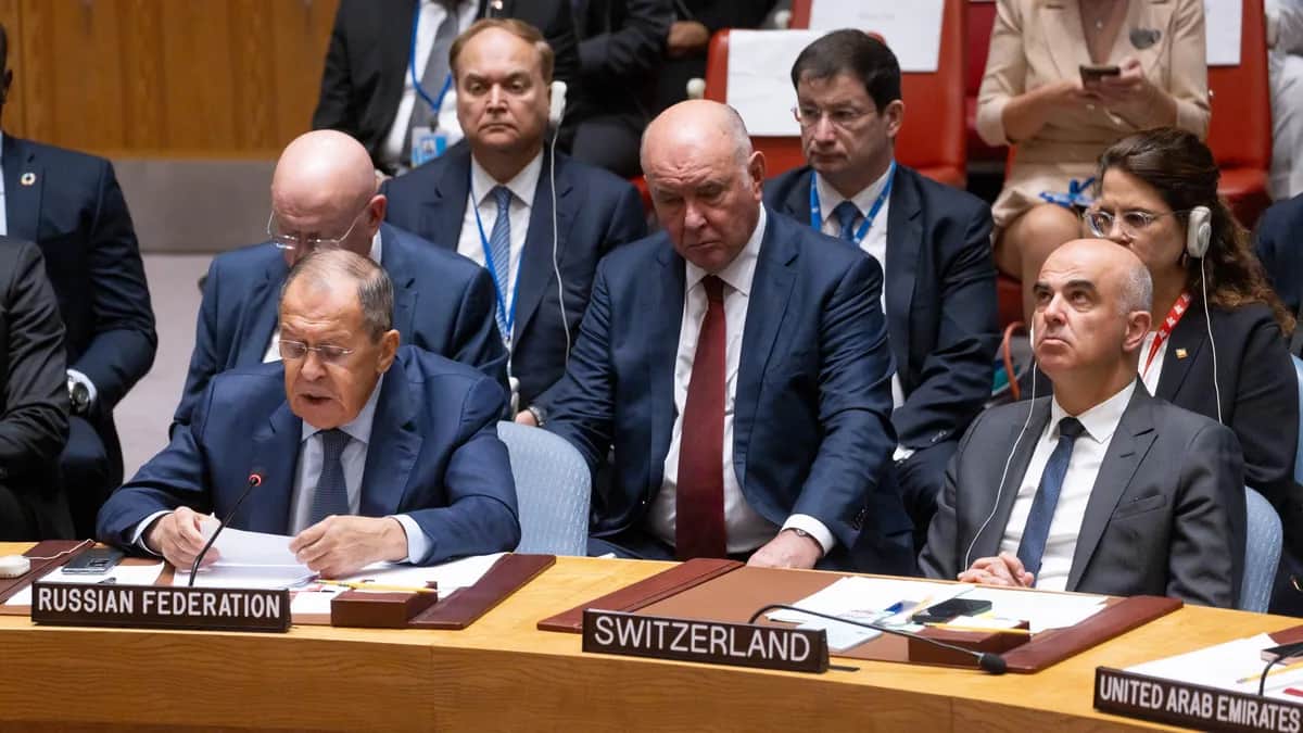 Russia’s Foreign Minister Sergey Lavrov speaks as Switzerland’s President Alain Berset listens during a UN Security Council meeting in New York, 20 September 2023. EPA-EFE/JUSTIN LANE