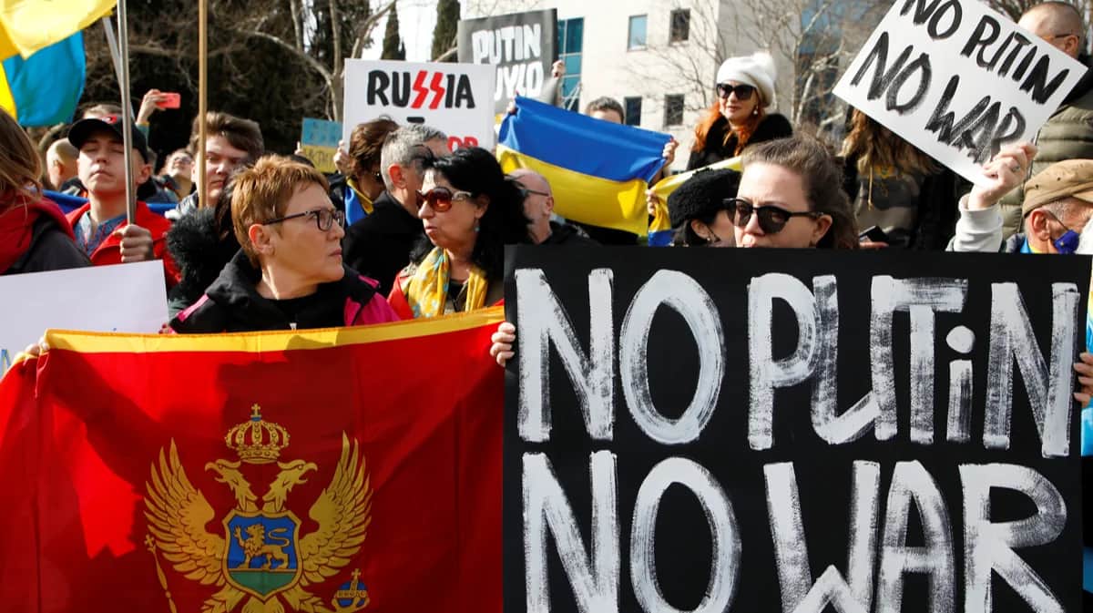 Антивоенный марш в Подгорице, Черногория, 27 февраля 2022 года. Фото: Stevo Vasiljevic / Reuters / Scanpix / LETA