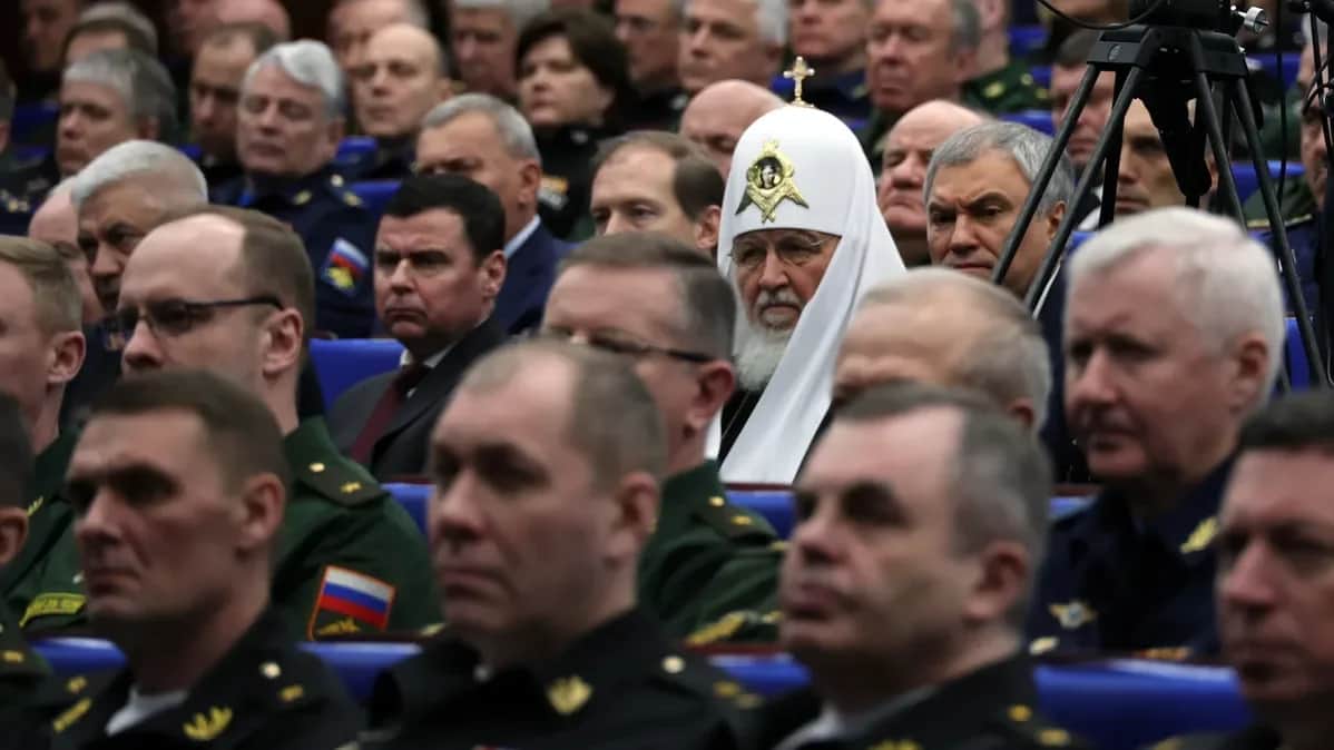 Russian Orthodox Church Patriarch Kirill at a Defence Ministry meeting. Photo: EPA-EFE/MIKHAEL KLIMENTYEV