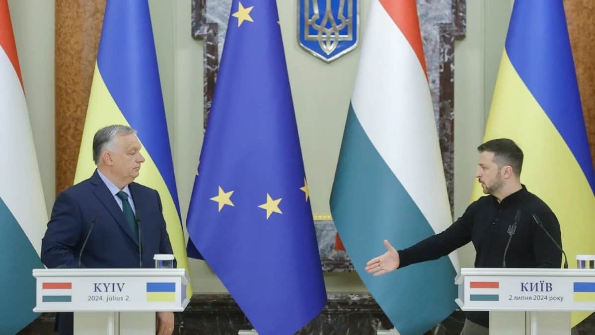 Виктор Орбан и Владимир Зеленский во время встречи в Киеве, 2 июля 2024 года. Фото: Сергей Долженко / EPA-EFE