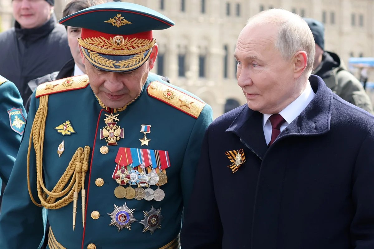Sergey Shoigu and Vladimir Putin at the Victory Day military parade in Moscow, 9 May 2024. Photo: Mikhail Klementyev / Sputnik / Kremlin / EPA-EFE