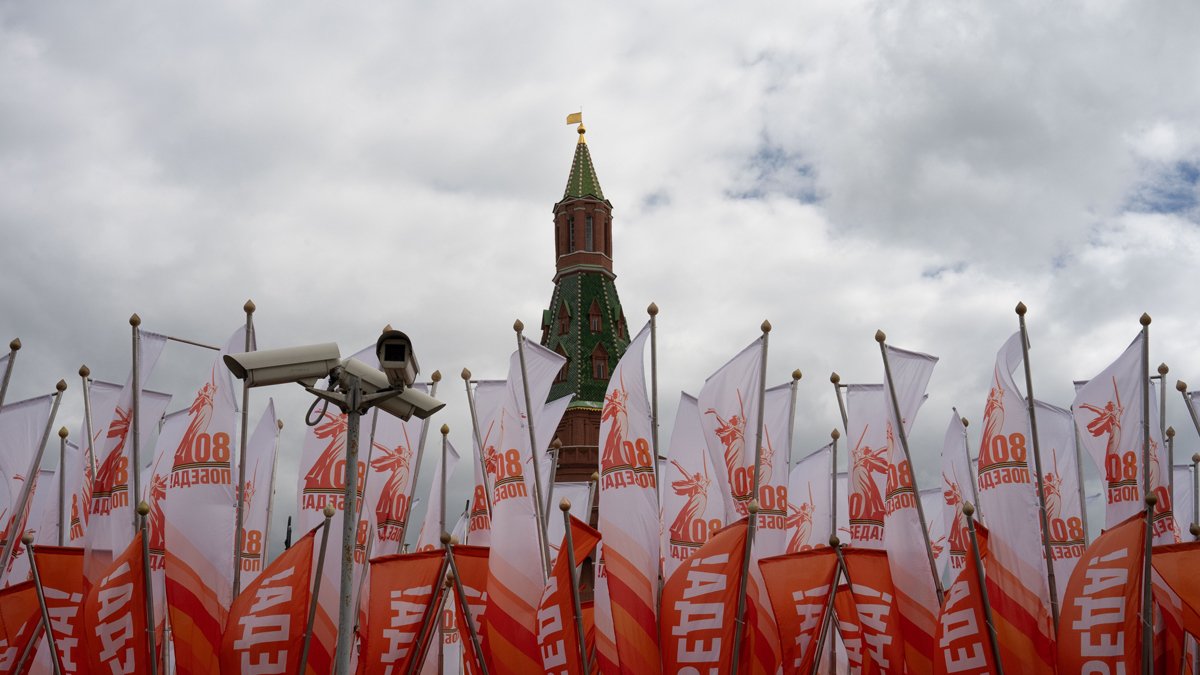 Плотный ряд знамен перед Александровским садом.