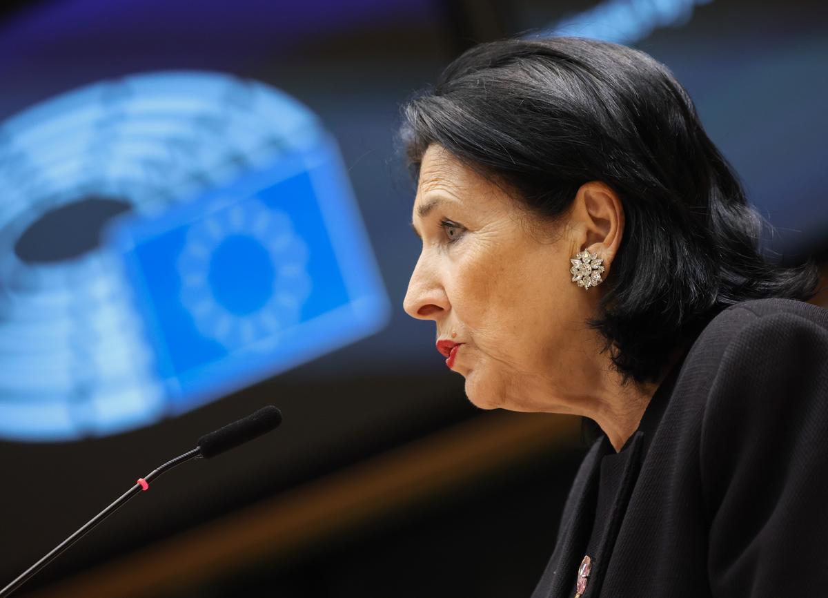 Georgian President Salome Zourabichvili addresses the European Parliament in Brussels, 31 May 2023. Photo: EPA-EFE / OLIVIER HOSLET