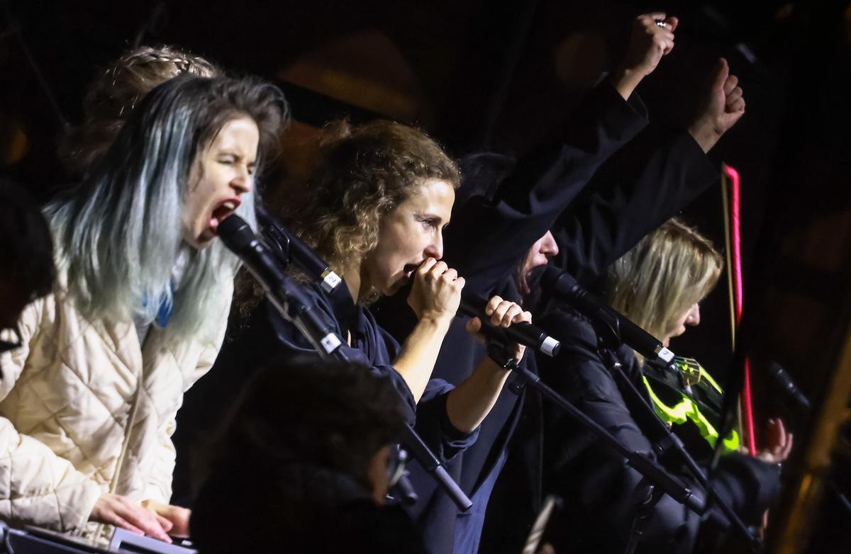 Pussy Riot perform at the former Stasi headquarters in Berlin, Germany, 10 November 2024. Photo: EPA / HANNIBAL HANSCHKE